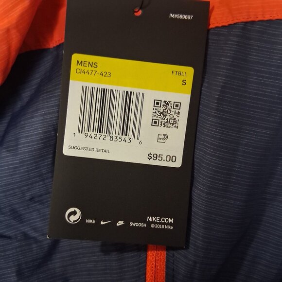 Nike Mens Navy & Orange Hooded Windbreaker Jacket Size S Lightweight New - Picture 6 of 8